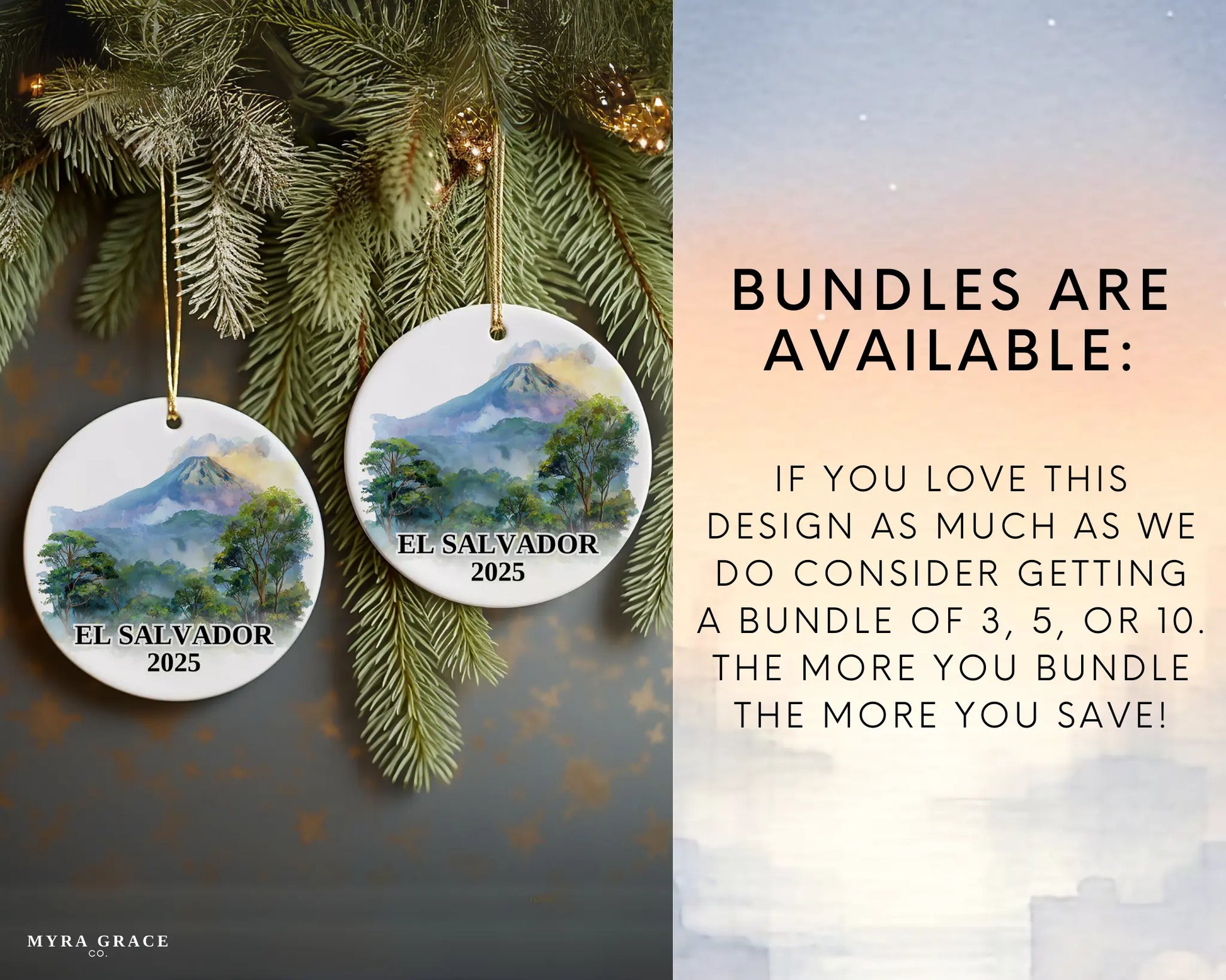 Custom El Salvador ceramic photo ornament with personalized message – handmade Christmas bauble, gift souvenir, or vacation keepsake.  Bundles are available