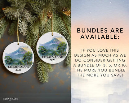 Custom El Salvador ceramic photo ornament with personalized message – handmade Christmas bauble, gift souvenir, or vacation keepsake.  Bundles are available