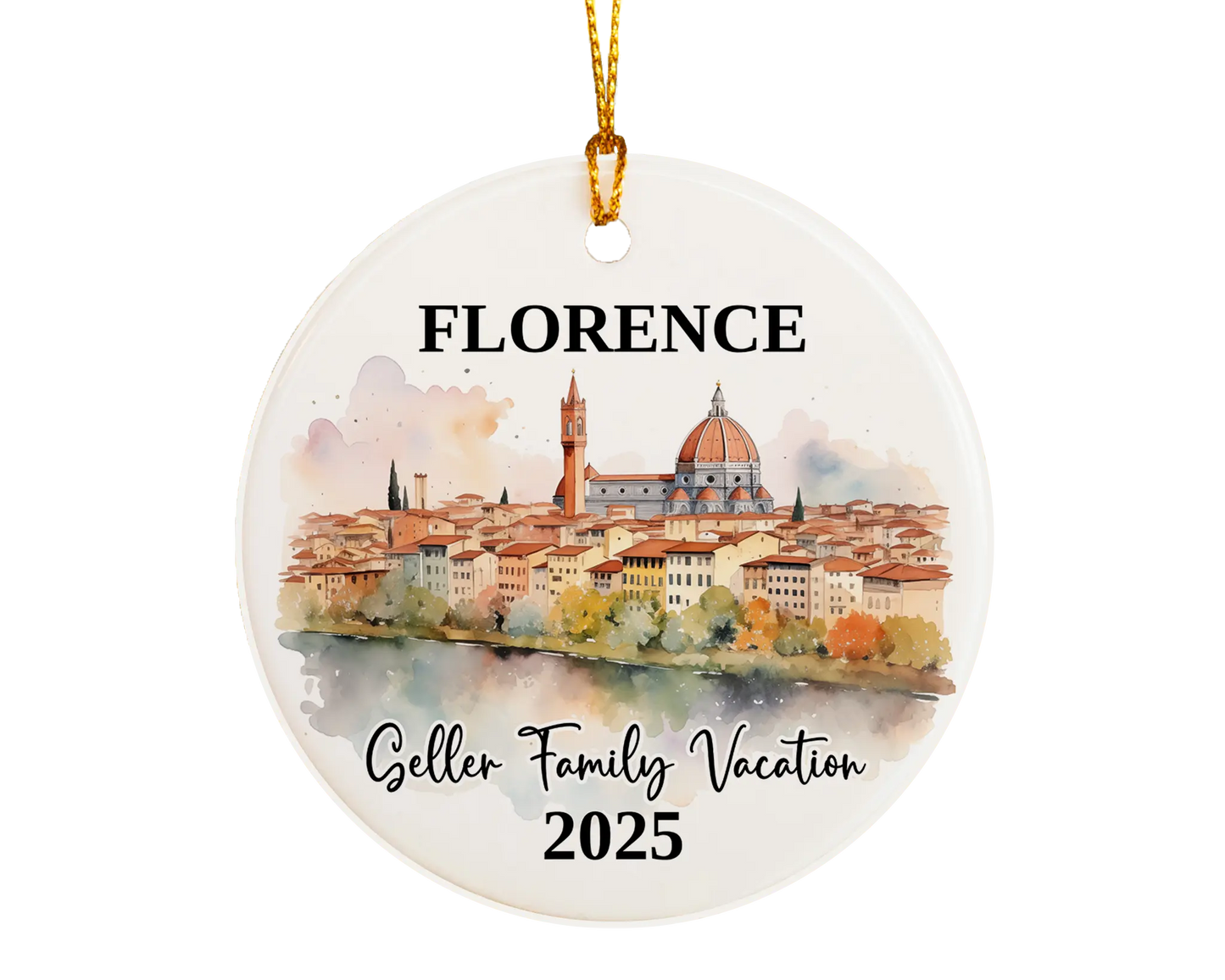 Custom vacation Florence Italy ceramic photo ornament with personalized message – handmade Christmas bauble, gift souvenir, or vacation keepsake. 