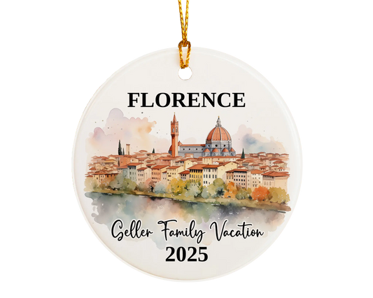 Custom vacation Florence Italy ceramic photo ornament with personalized message – handmade Christmas bauble, gift souvenir, or vacation keepsake. 