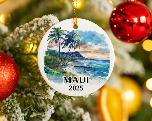 Custom Maui Hawaii ceramic photo ornament with personalized message – handmade Christmas bauble, gift souvenir, or vacation keepsake.  