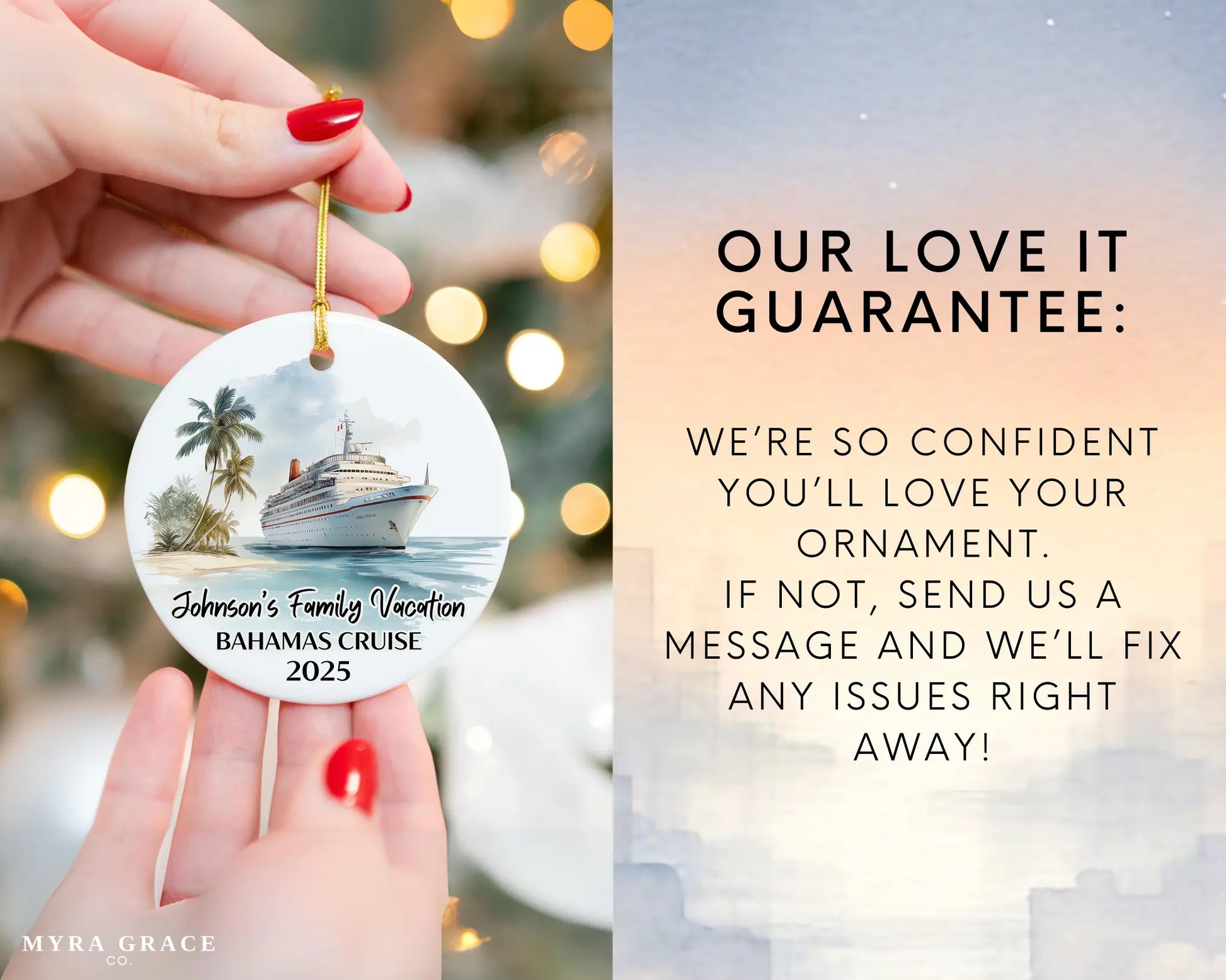 Handmade ceramic Bahamas cruise ornament with personalized location and photo – custom Christmas bauble or cruise vacation souvenir. Love it guarantee