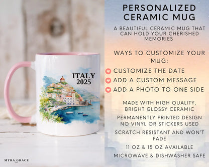 Custom ceramic Italy Amalfi Coast vacation mug with watercolor location design, date, and personal photo – personalized travel gift or photo mug. Infographic