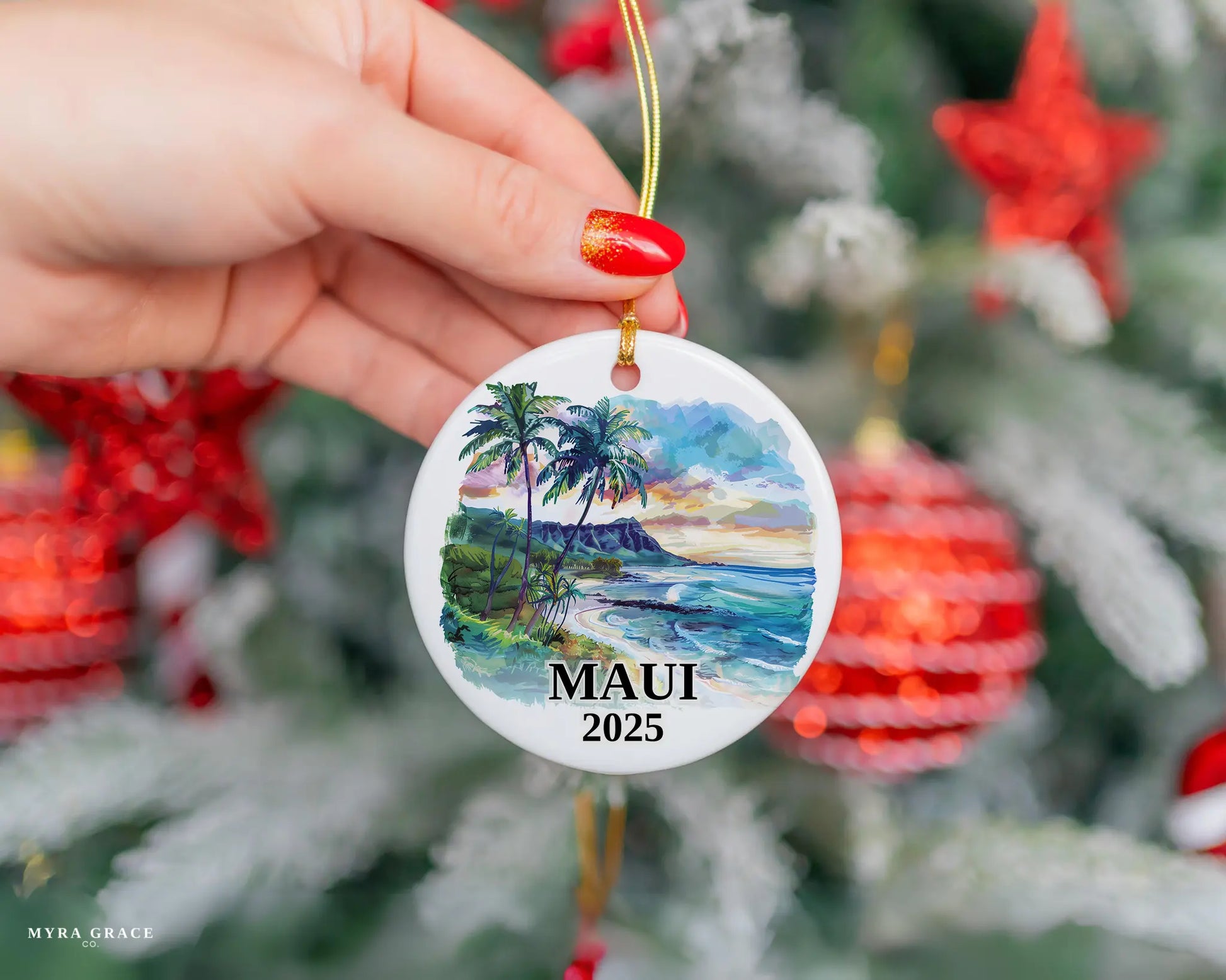 Custom Maui Hawaii ceramic photo ornament with personalized message – handmade Christmas bauble, gift souvenir, or vacation keepsake.  