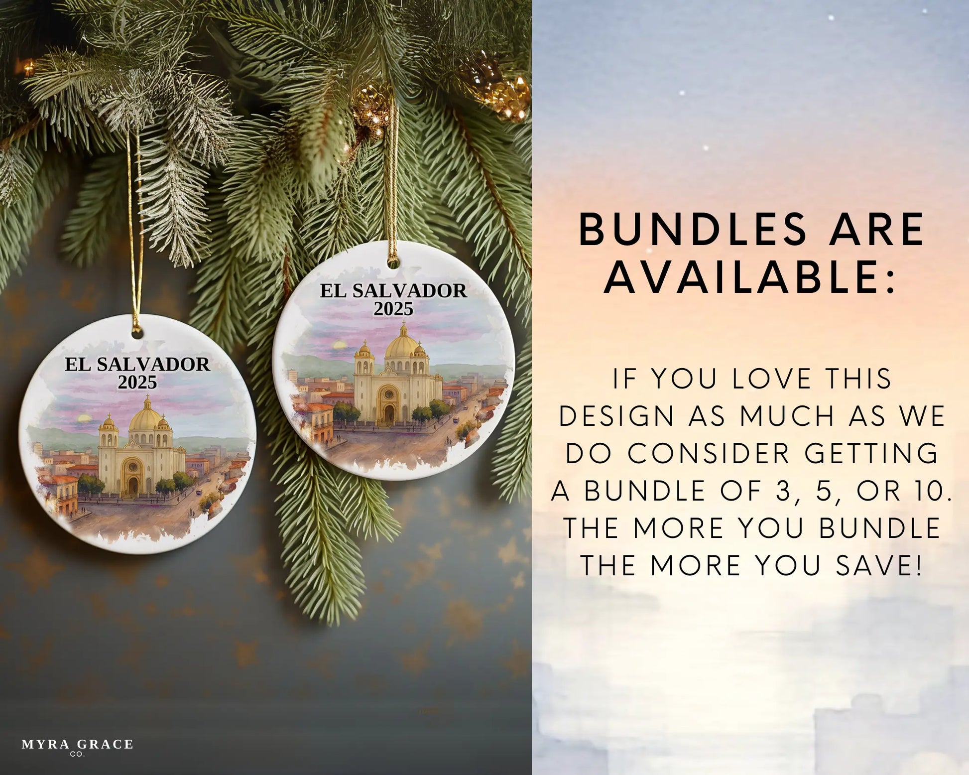 Custom El Salvador ceramic photo ornament with personalized message – handmade Christmas bauble, gift souvenir, or vacation keepsake.  Bundles are avaialble