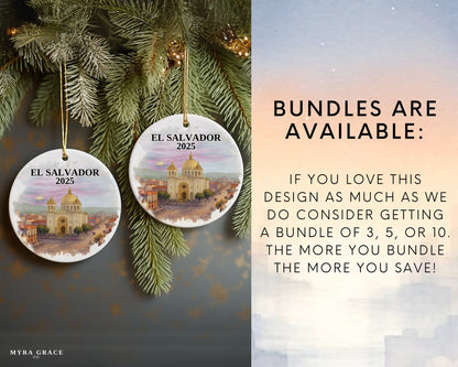 Custom El Salvador ceramic photo ornament with personalized message – handmade Christmas bauble, gift souvenir, or vacation keepsake.  Bundles are avaialble