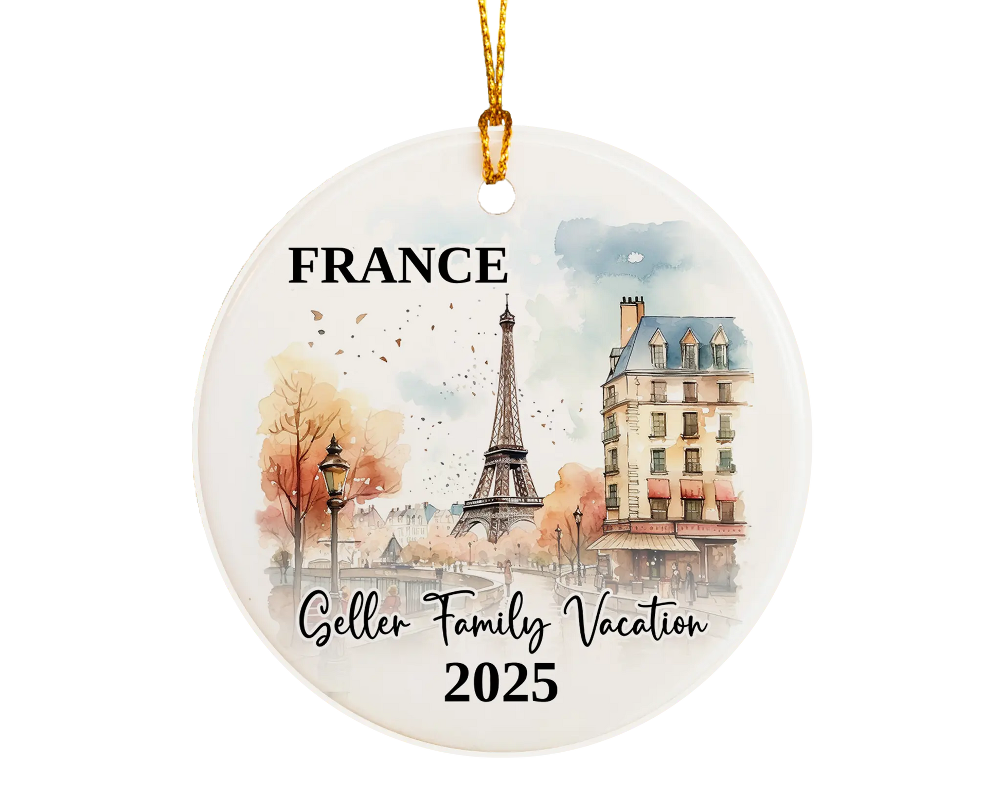 Custom vacation Paris France ceramic photo ornament with personalized message – handmade Christmas bauble, gift souvenir, or vacation keepsake. 