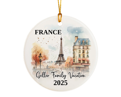 Custom vacation Paris France ceramic photo ornament with personalized message – handmade Christmas bauble, gift souvenir, or vacation keepsake. 