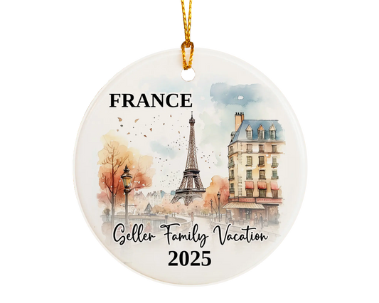 Custom vacation Paris France ceramic photo ornament with personalized message – handmade Christmas bauble, gift souvenir, or vacation keepsake. 
