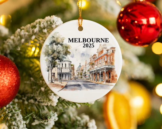 Custom Melbourne Australia ceramic photo ornament with personalized message – handmade Christmas bauble, gift souvenir, or vacation keepsake.  
