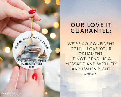 Handmade ceramic Baltic Sea Scandinavia cruise ornament with personalized location and photo – custom Christmas bauble or cruise vacation souvenir. Love it guarantee