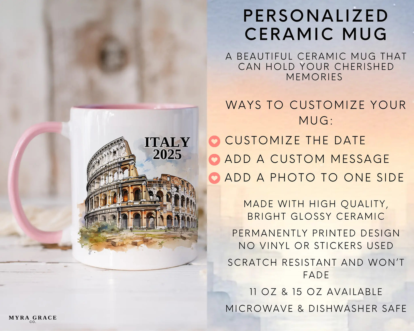 Custom ceramic Italy Colosseum vacation mug with watercolor location design, date, and personal photo – personalized travel gift or photo mug. Infographic