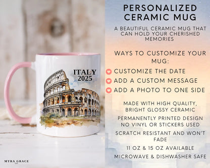 Custom ceramic Italy Colosseum vacation mug with watercolor location design, date, and personal photo – personalized travel gift or photo mug. Infographic