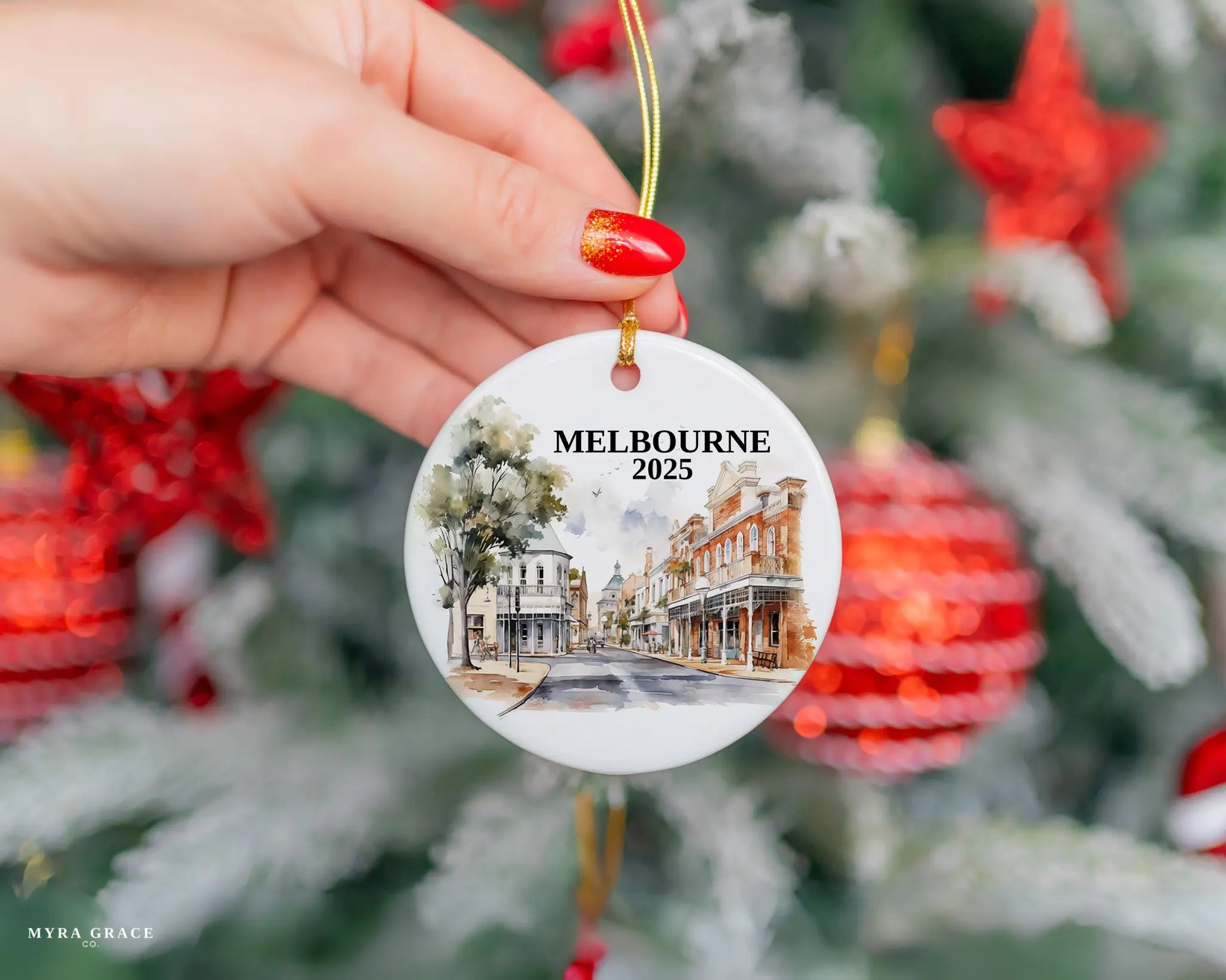Custom Melbourne Australia ceramic photo ornament with personalized message – handmade Christmas bauble, gift souvenir, or vacation keepsake.  