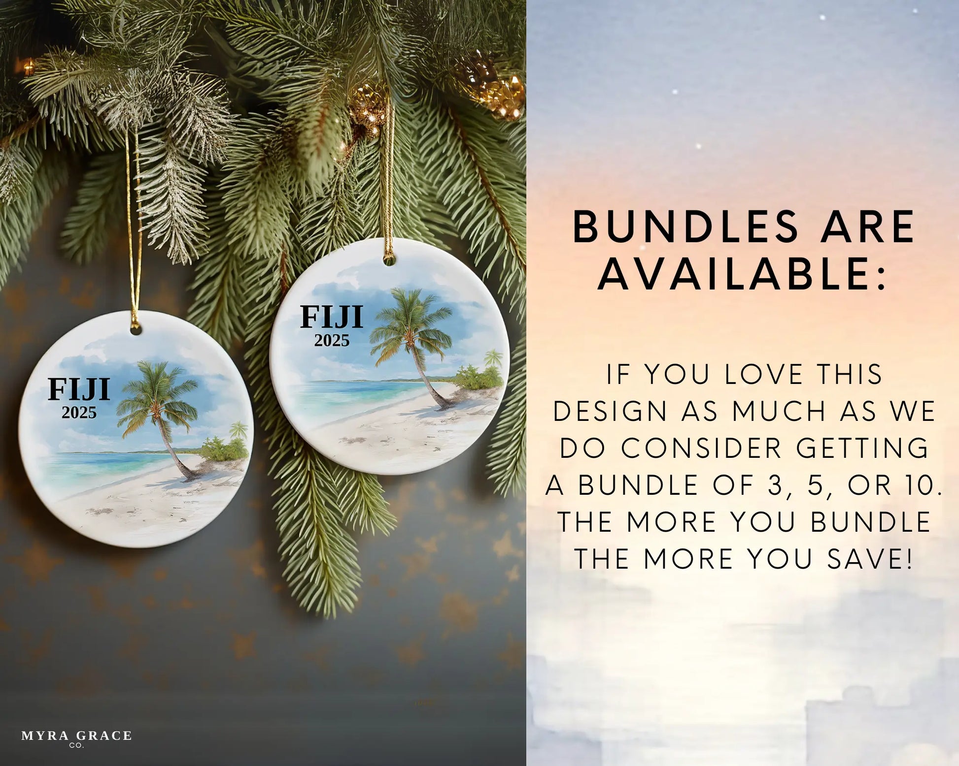 Custom Fiji ceramic photo ornament with personalized message – handmade Christmas bauble, gift souvenir, or vacation keepsake.  Bundles are available