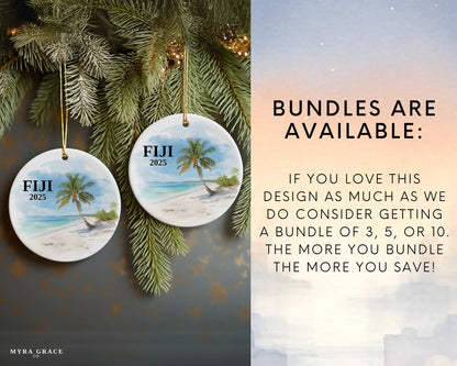 Custom Fiji ceramic photo ornament with personalized message – handmade Christmas bauble, gift souvenir, or vacation keepsake.  Bundles are available