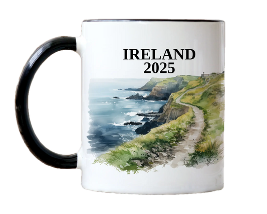 Custom ceramic Ireland Cliffs of Moher vacation mug with watercolor location design, date, and personal photo – personalized travel gift or photo mug. 