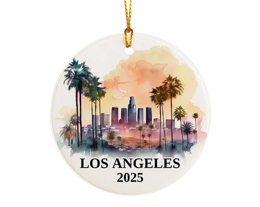 Custom Los Angeles California ceramic photo ornament with personalized message – handmade Christmas bauble, gift souvenir, or vacation keepsake.  