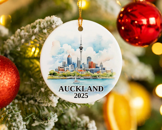 Custom Auckland, New Zealand ceramic photo ornament with personalized message – handmade Christmas bauble, gift souvenir, or vacation keepsake.