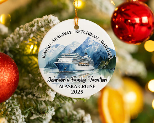 Handmade ceramic Alaska cruise ornament with personalized location and photo – custom Christmas bauble or cruise vacation souvenir.