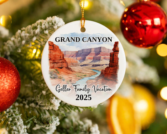 Custom vacation Grand Canyon ceramic photo ornament with personalized message – handmade Christmas bauble, gift souvenir, or vacation keepsake. 