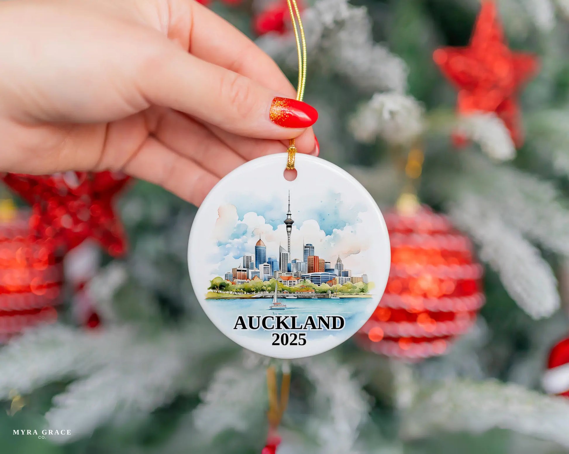 Custom Auckland, New Zealand ceramic photo ornament with personalized message – handmade Christmas bauble, gift souvenir, or vacation keepsake.