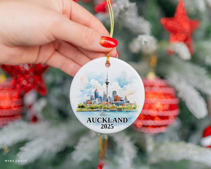 Custom Auckland, New Zealand ceramic photo ornament with personalized message – handmade Christmas bauble, gift souvenir, or vacation keepsake.