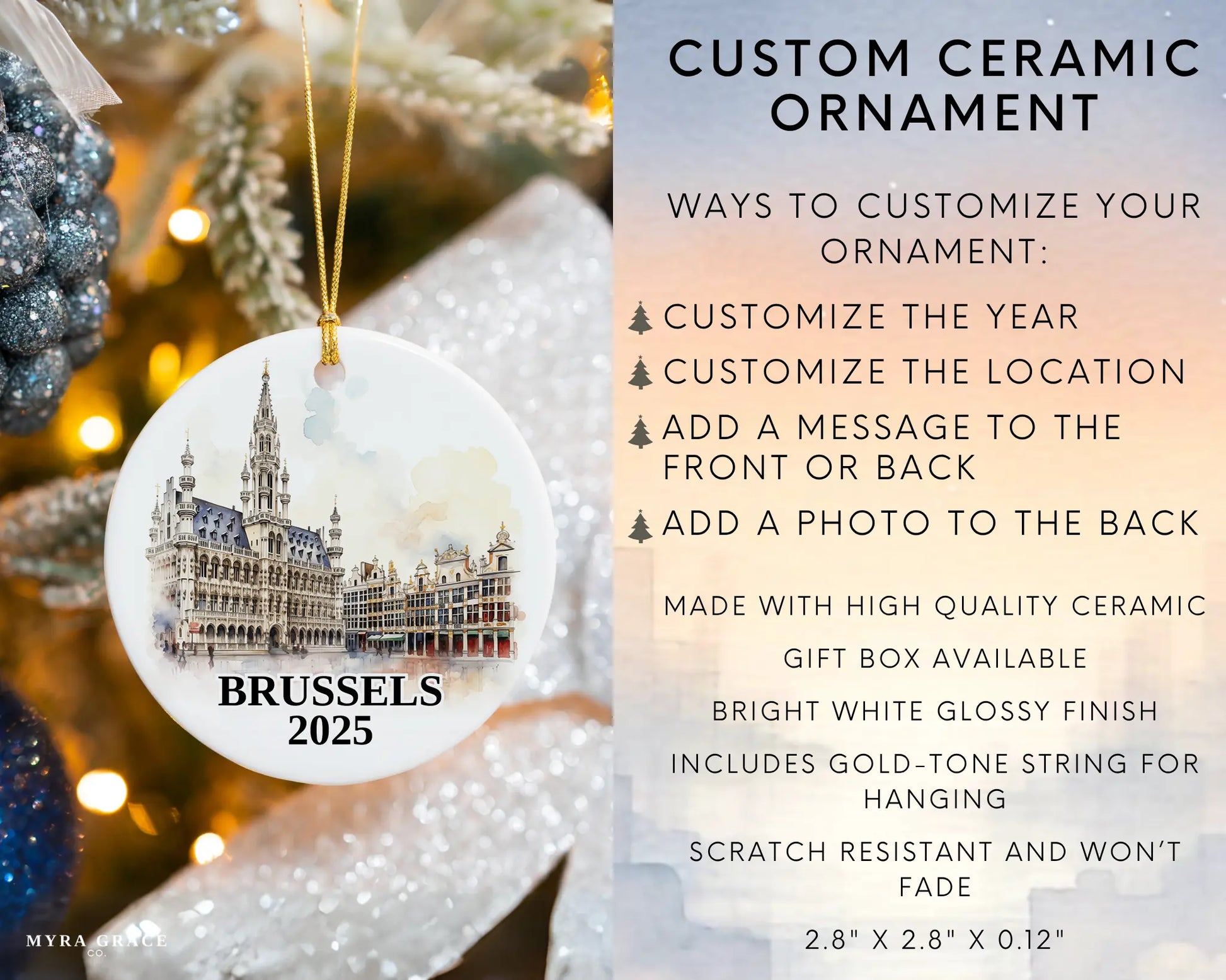 Custom Brussels Belgium ceramic photo ornament with personalized message – handmade Christmas bauble, gift souvenir, or vacation keepsake. Infographic