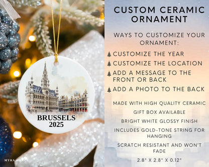 Custom Brussels Belgium ceramic photo ornament with personalized message – handmade Christmas bauble, gift souvenir, or vacation keepsake. Infographic
