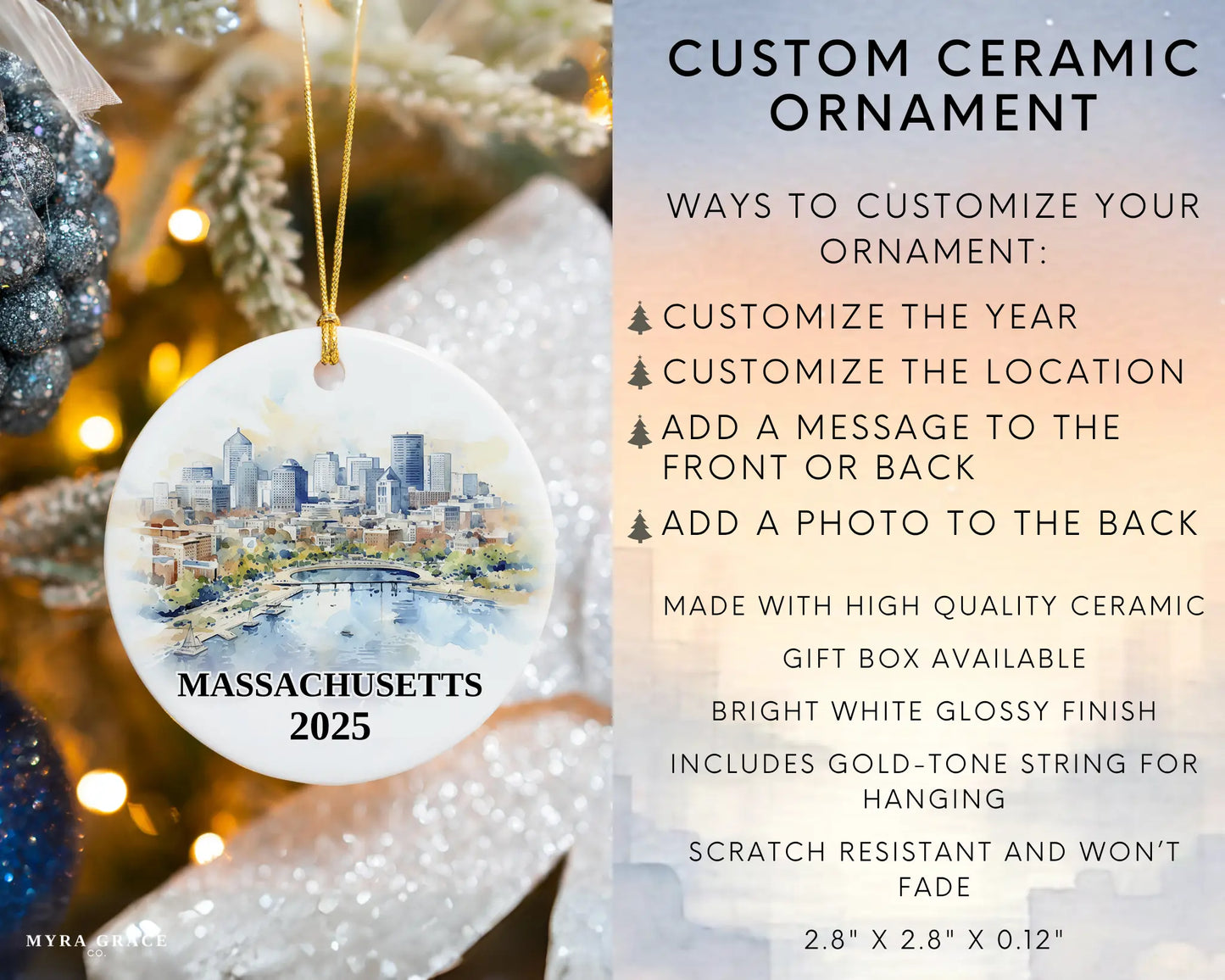 Massachusetts Ornament Custom Gift Souvenir Bauble. Custom Massachusetts ceramic photo ornament with personalized message – handmade Christmas bauble, gift souvenir, or vacation keepsake.  Infographic