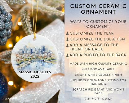 Massachusetts Ornament Custom Gift Souvenir Bauble. Custom Massachusetts ceramic photo ornament with personalized message – handmade Christmas bauble, gift souvenir, or vacation keepsake.  Infographic