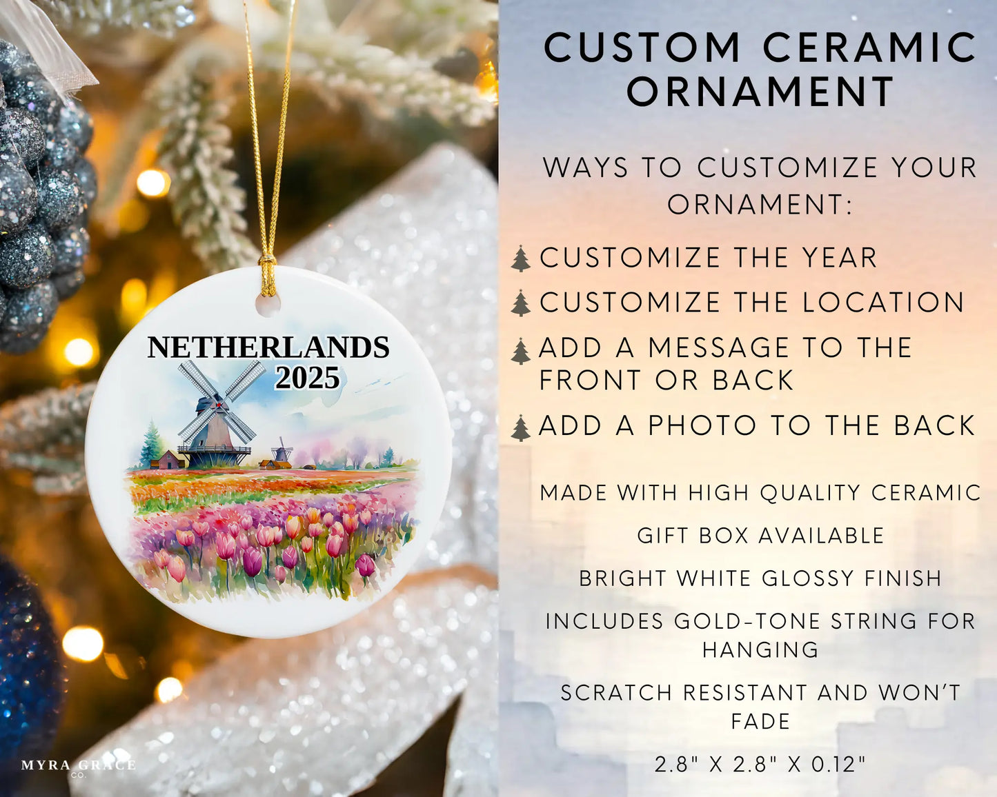 Custom Netherlands ceramic photo ornament with personalized message – handmade Christmas bauble, gift souvenir, or vacation keepsake.  Infographic