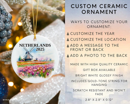 Custom Netherlands ceramic photo ornament with personalized message – handmade Christmas bauble, gift souvenir, or vacation keepsake.  Infographic