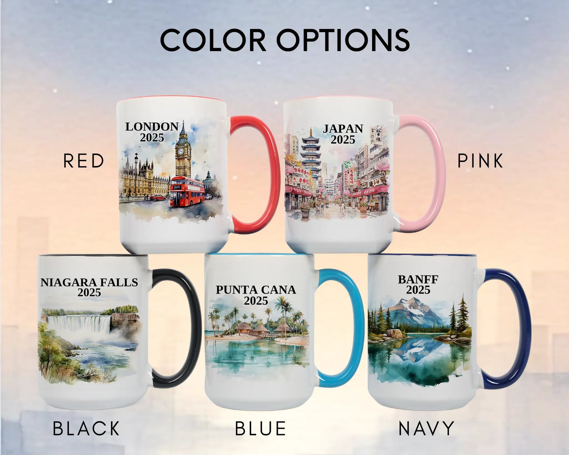 Custom ceramic Niagara Falls vacation mug with watercolor location design, date, and personal photo – personalized travel gift or photo mug. Color options