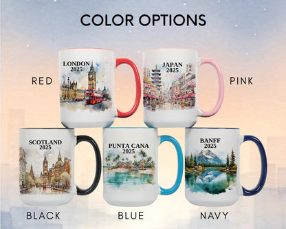 Custom ceramic Scotland vacation mug with watercolor location design, date, and personal photo – personalized travel gift or photo mug. Color options