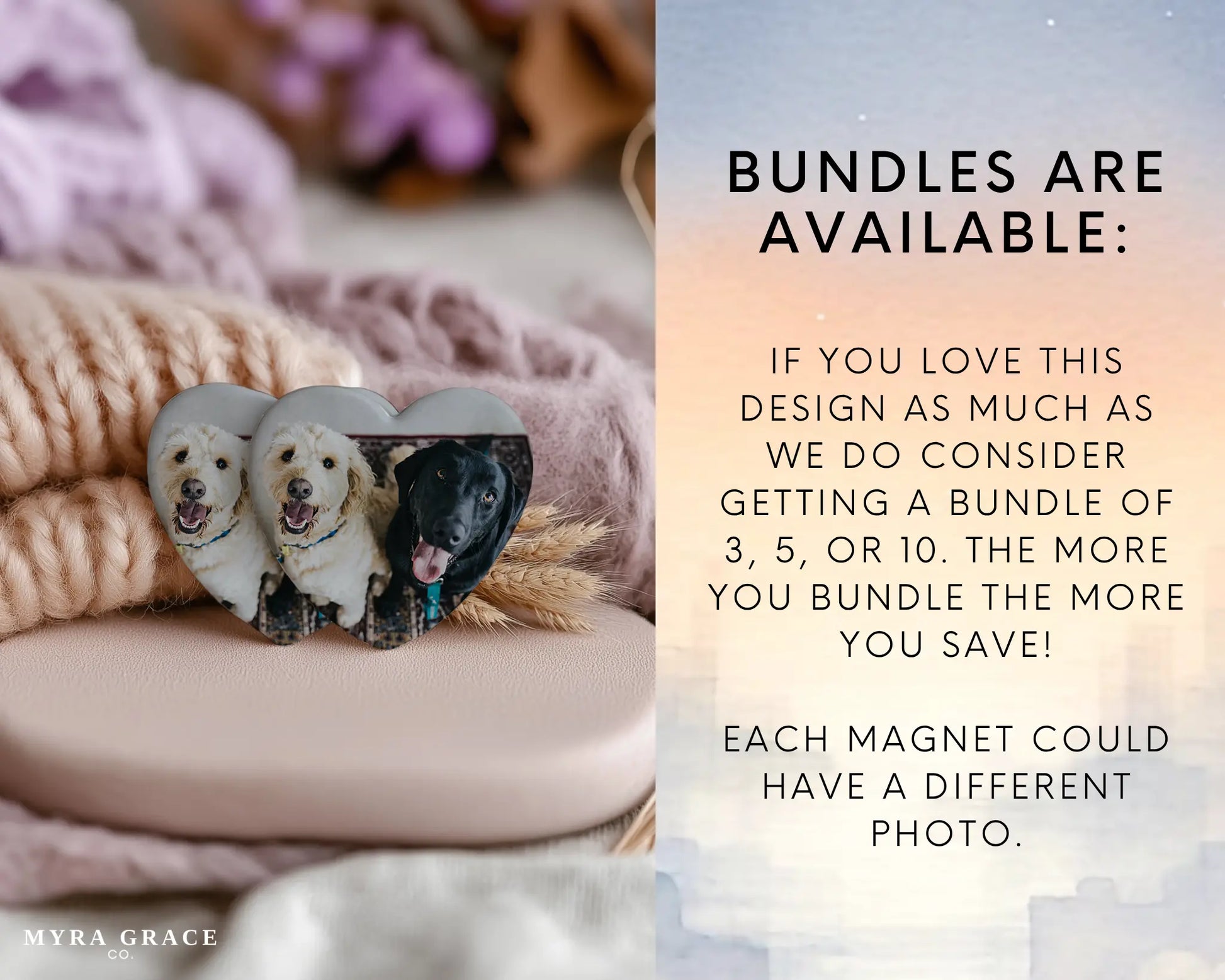 Heart-shaped custom dog ceramic photo magnet on fridge – handmade personalized gift or Christmas fridge magnet. Bundles available