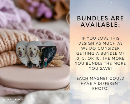 Heart-shaped custom dog ceramic photo magnet on fridge – handmade personalized gift or Christmas fridge magnet. Bundles available