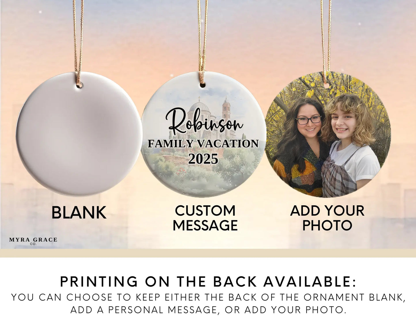 Custom Tuscany Italy ceramic photo ornament with personalized message – handmade Christmas bauble, gift souvenir, or vacation keepsake. Add your photo