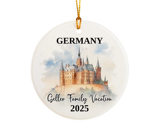 Custom vacation Germany ceramic photo ornament with personalized message – handmade Christmas bauble, gift souvenir, or vacation keepsake. 