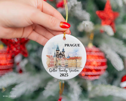 Custom vacation Prague ceramic photo ornament with personalized message – handmade Christmas bauble, gift souvenir, or vacation keepsake. 