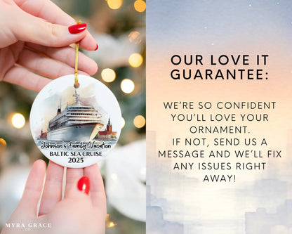Handmade ceramic Baltic Sea cruise ornament with personalized location and photo – custom Christmas bauble or cruise vacation souvenir. Love it guarantee