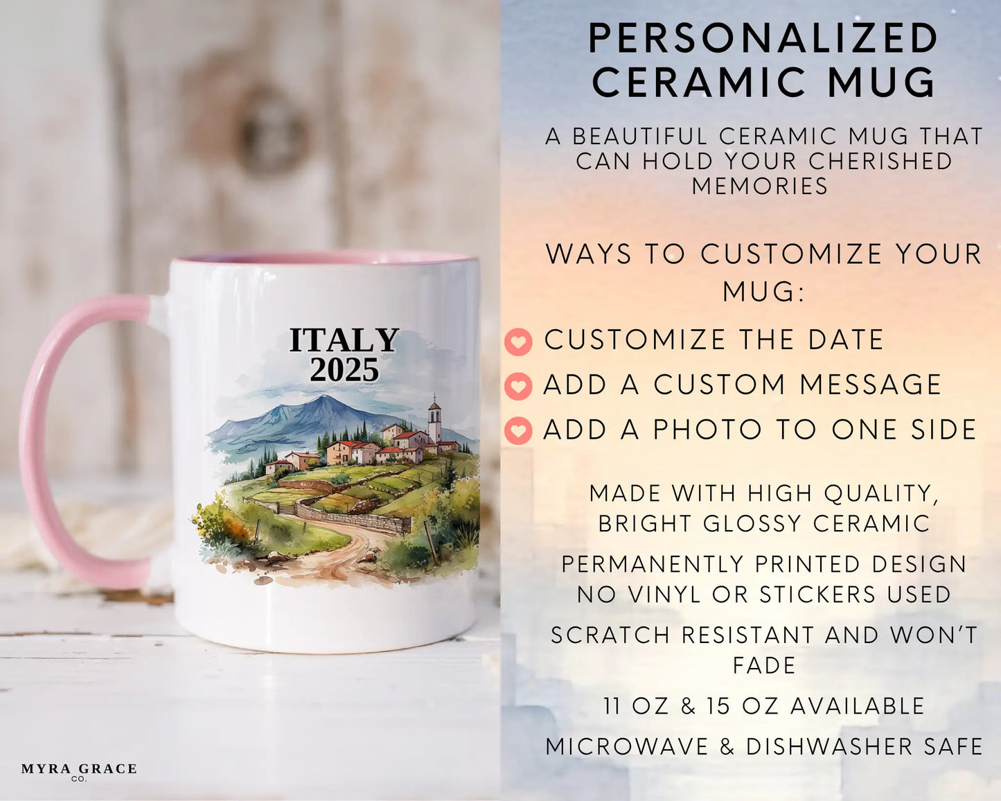 Custom ceramic Italy vacation mug with watercolor location design, date, and personal photo – personalized travel gift or photo mug. Infographic