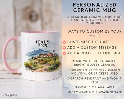 Custom ceramic Italy vacation mug with watercolor location design, date, and personal photo – personalized travel gift or photo mug. Infographic