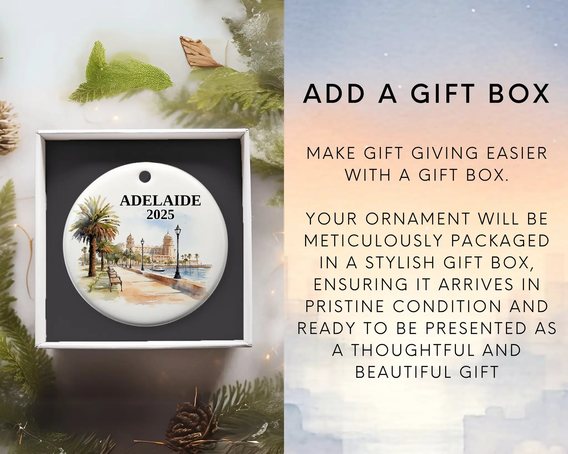 Adelaide Australia Custom ceramic photo ornament with personalized message – handmade Christmas bauble, gift souvenir, or vacation keepsake. Add Gift Box