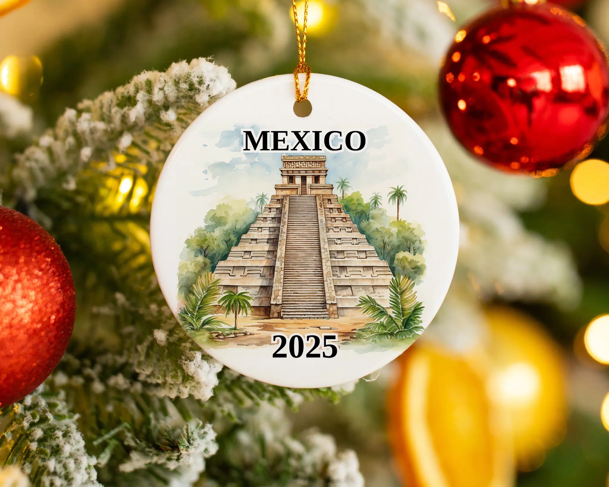 Custom Mexico Pyramids ceramic photo ornament with personalized message – handmade Christmas bauble, gift souvenir, or vacation keepsake.  