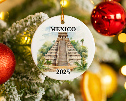 Custom Mexico Pyramids ceramic photo ornament with personalized message – handmade Christmas bauble, gift souvenir, or vacation keepsake.  