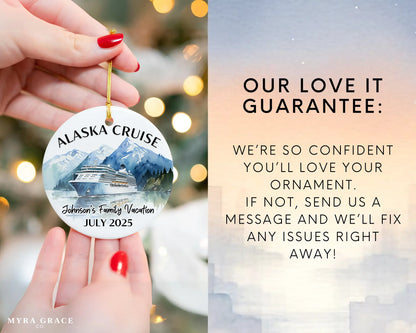 Handmade ceramic Alaska cruise ornament with personalized location and photo – custom Christmas bauble or cruise vacation souvenir. Love it guarantee