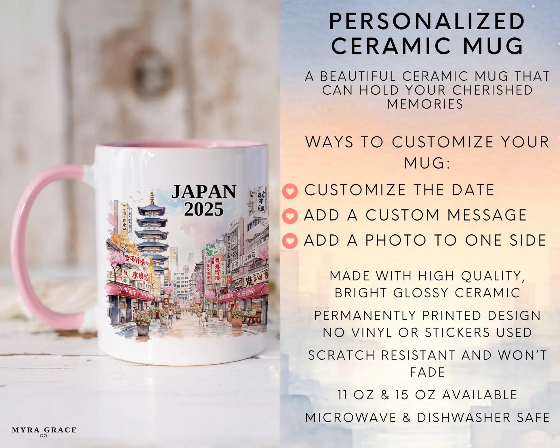 Custom ceramic Japan vacation mug with watercolor location design, date, and personal photo – personalized travel gift or photo mug. Infographic