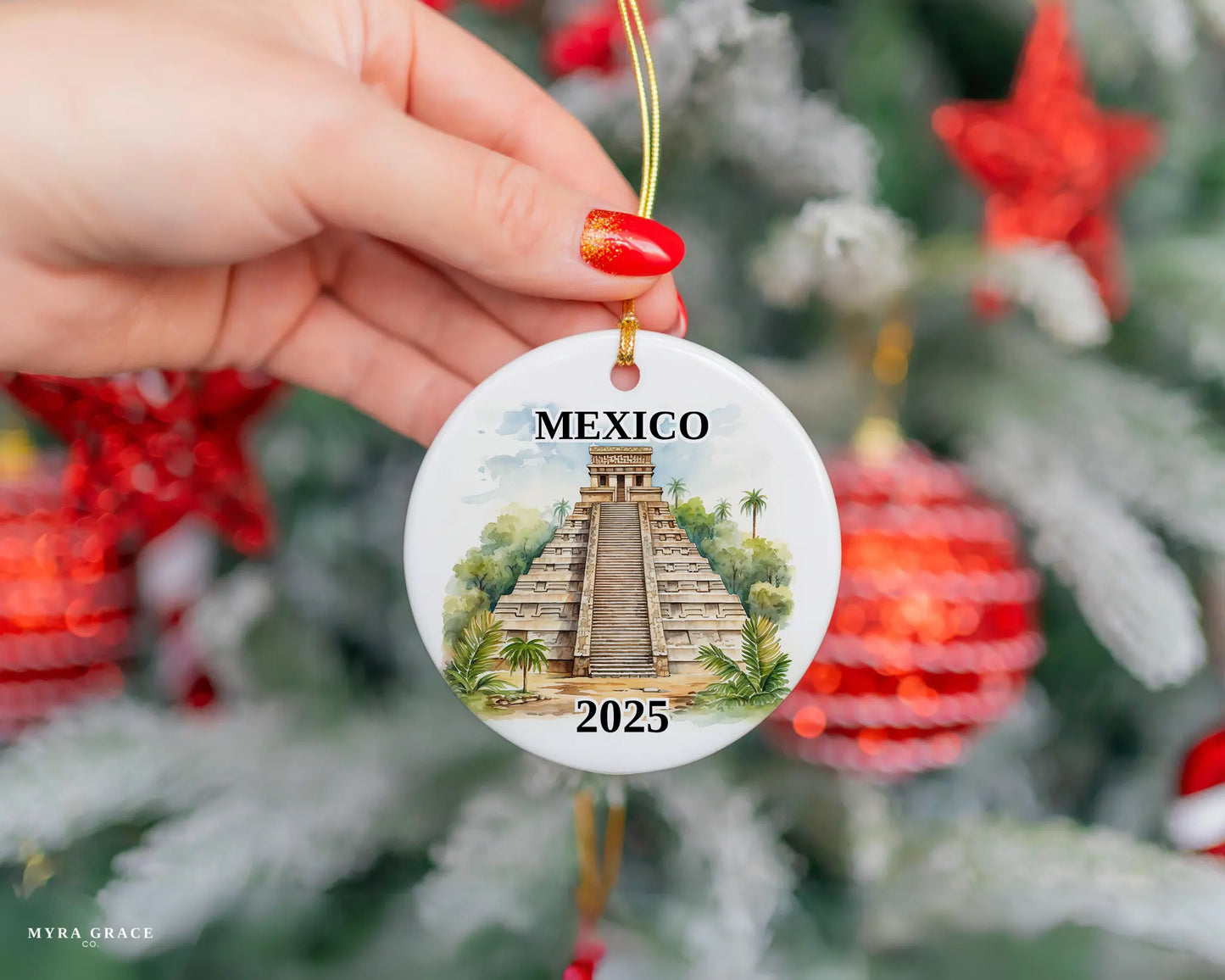Custom Mexico Pyramids ceramic photo ornament with personalized message – handmade Christmas bauble, gift souvenir, or vacation keepsake.  