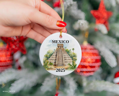 Custom Mexico Pyramids ceramic photo ornament with personalized message – handmade Christmas bauble, gift souvenir, or vacation keepsake.  